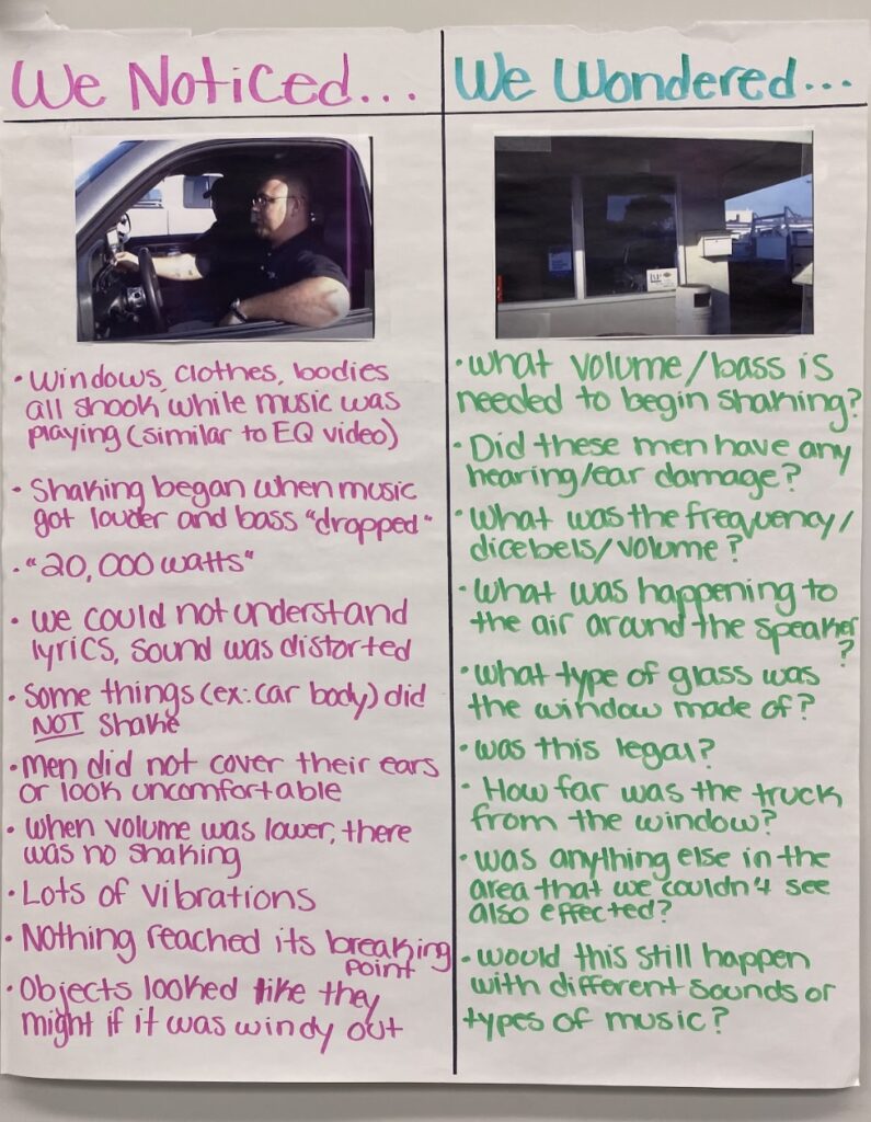 t-chart  with pink and green writing about a topic. t chart is labeled we noticed and we wondered 